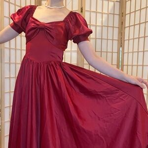 Red acetate satin lace up tea length dress
